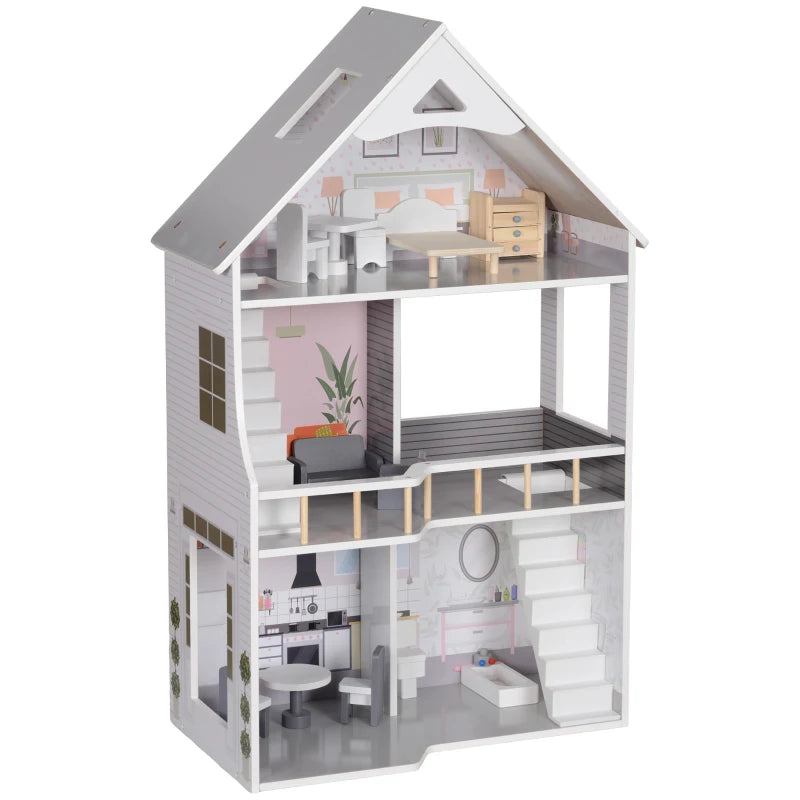 Nancy's Pechao Poppenhuis - Speelhuis - Inclusief Accessoires - Grijs - Dennenhout