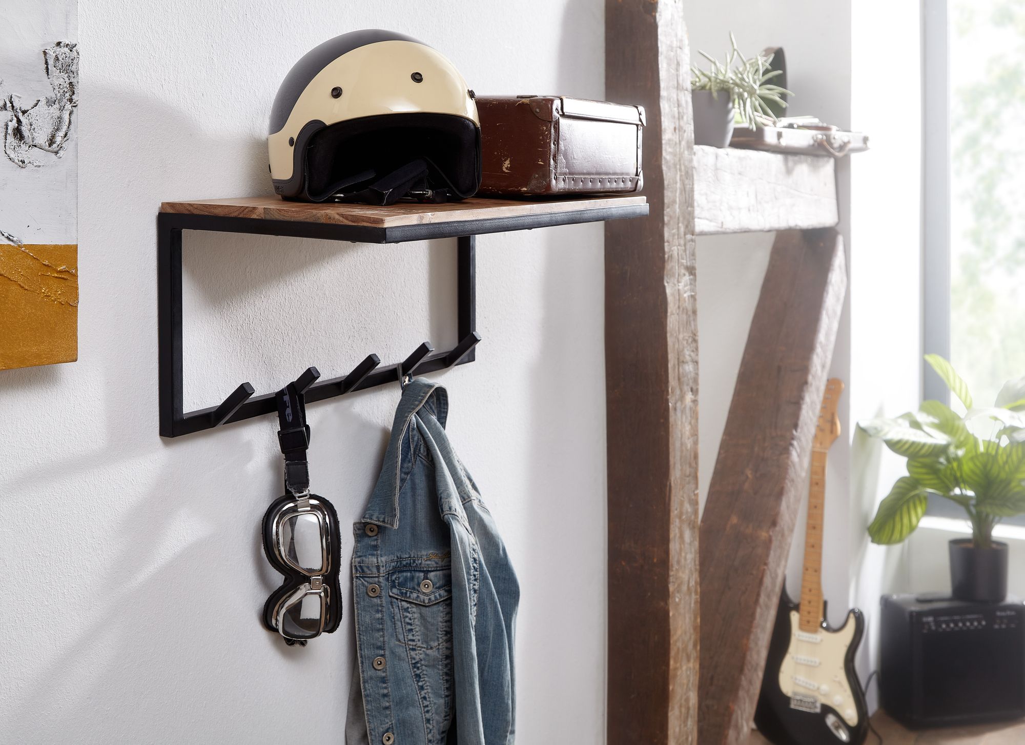 Nancy's Jasmin Wall Coat Rack - Coat Rack - With 5 Hooks - Solid Acacia Wood / Steel - ± 70 x 30 x 30 cm