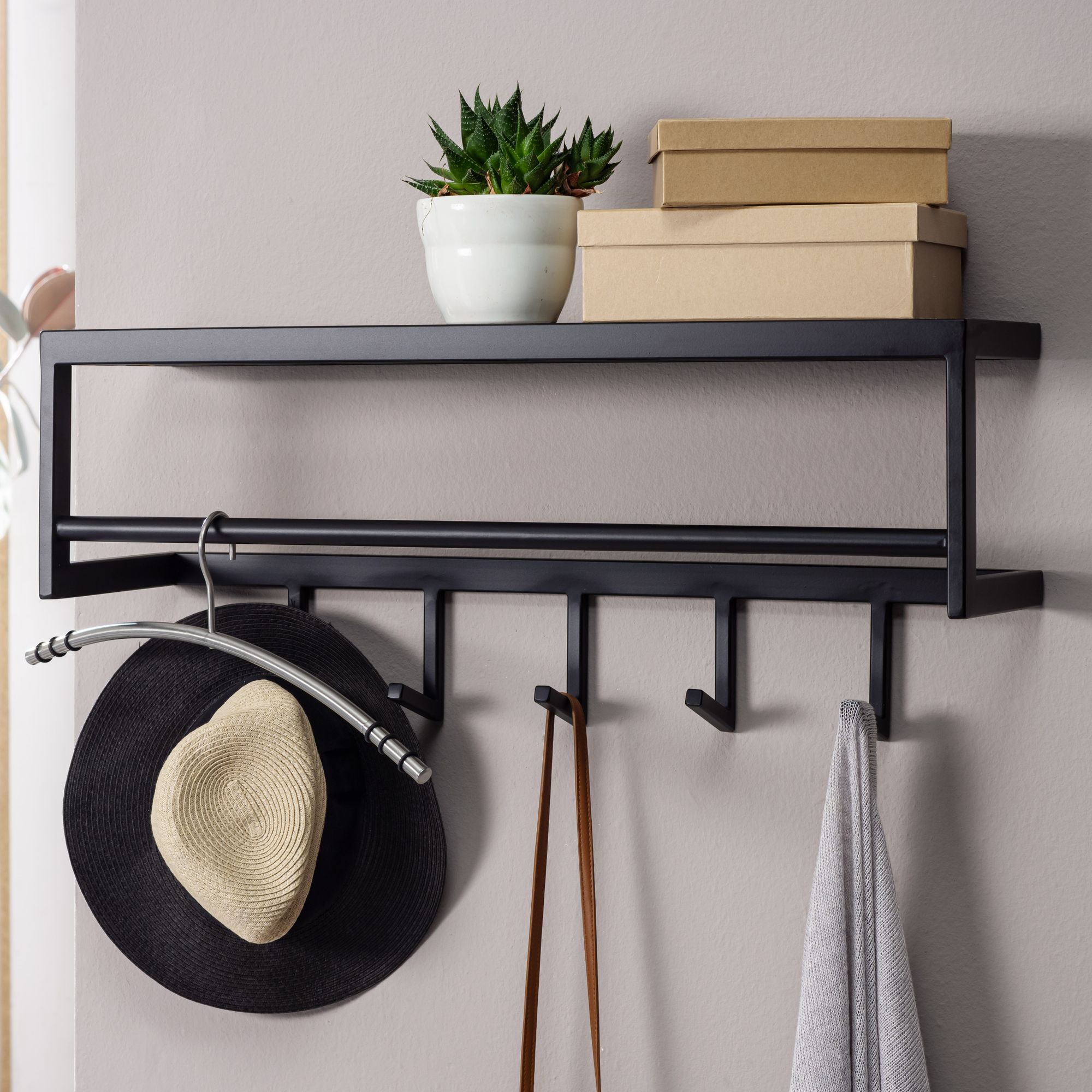 Nancy's Black Steel Wall Coat Rack - Coat Rack - Wall Coat Rack With 5 Hooks - Black - Steel - 70 x 20 x 20 cm
