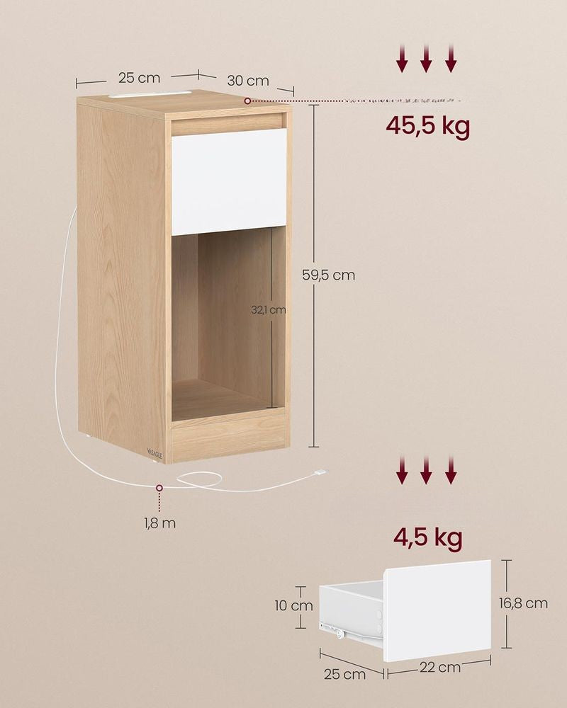 Nancy's Mincio Nachtkastjes - Set van 2 - LED-verlichting - Opladen en Opbergen - Beige/Wit - ± 25 x 30 x 60 cm