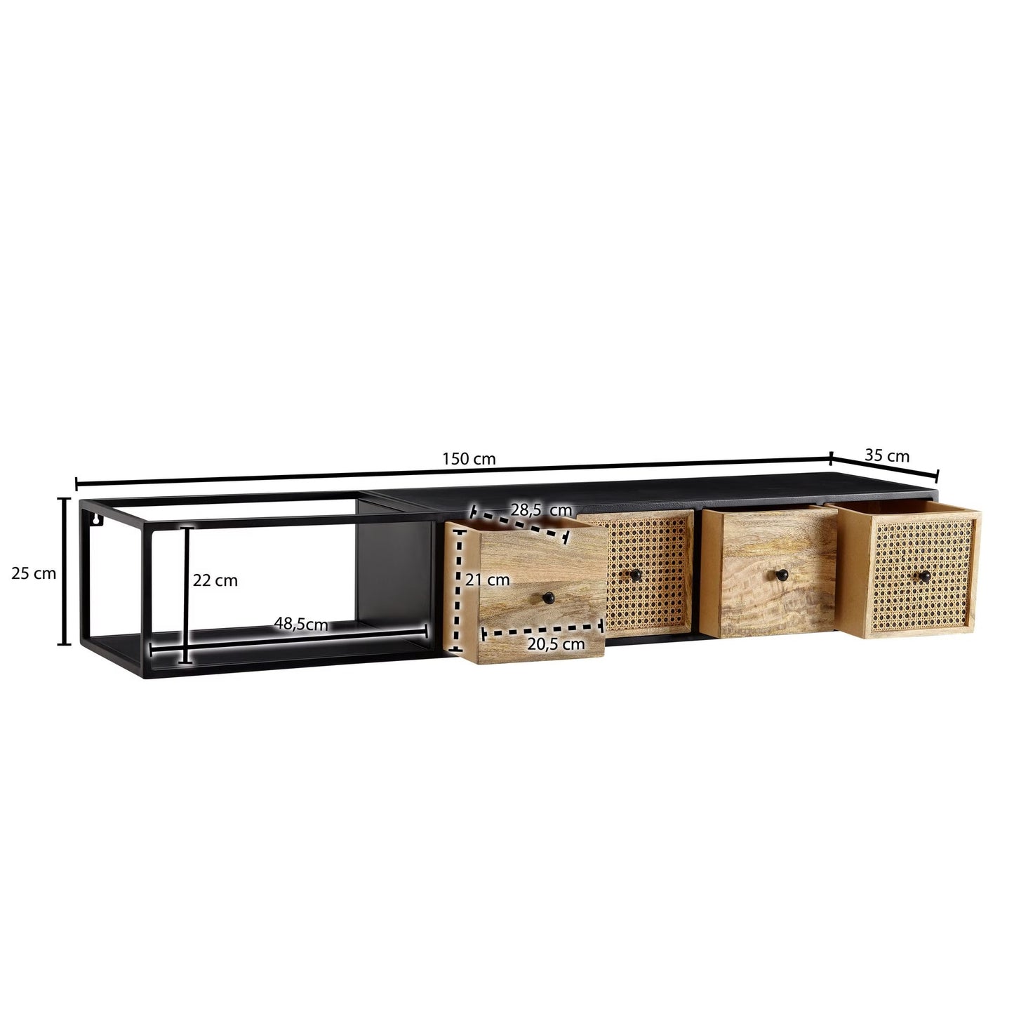 Nancy's Monghidoro TV Meubel - TV Kast - Zwevend - Lowboard - Bruin / Zwart - Mangohout / Rotan - 150 x 35 x 25 cm
