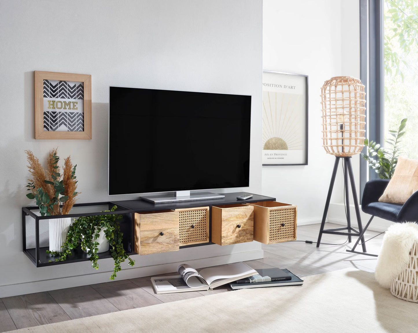 Nancy's Monghidoro TV Meubel - TV Kast - Zwevend - Lowboard - Bruin / Zwart - Mangohout / Rotan - 150 x 35 x 25 cm