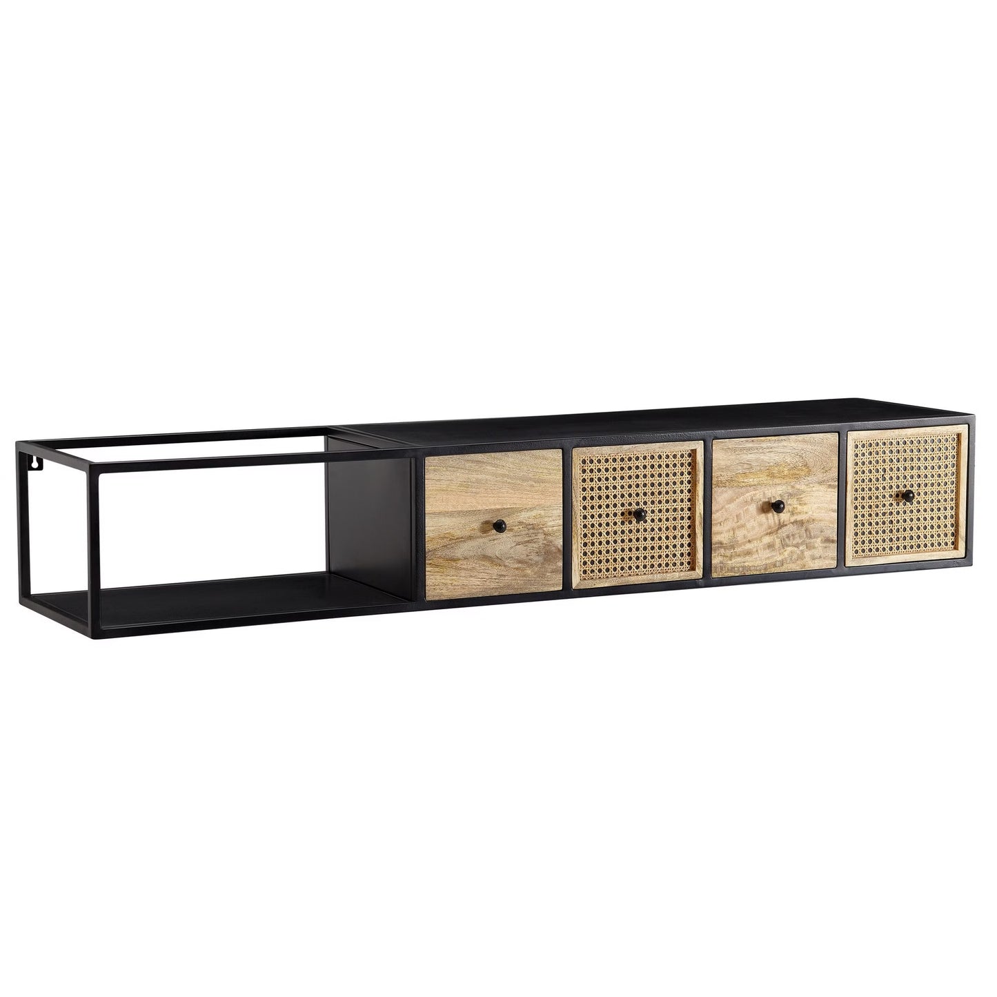Nancy's Monghidoro TV Meubel - TV Kast - Zwevend - Lowboard - Bruin / Zwart - Mangohout / Rotan - 150 x 35 x 25 cm