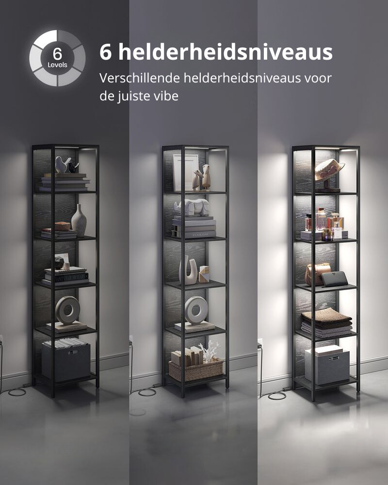 Nancy's Coruche Wandkast - Boekenkast - LED-verlichting - Zwart - ± 40 x 30 x 180 cm