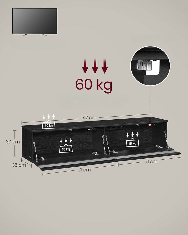 Nancy's Grottaglie TV Meubel - TV Kast - Zwevend - Met Verlichting - Zwart - ± 145 x 35 x 30 cm