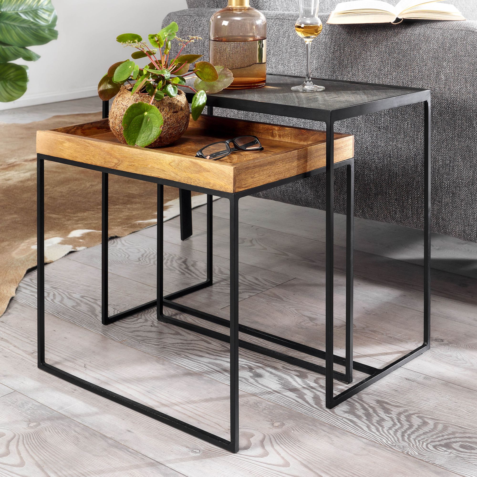 Nancy's Pereiro Coffee Table Set - Side Table Set - Coffee Table - Anthracite / Brown / Black - Mango Wood / Steel