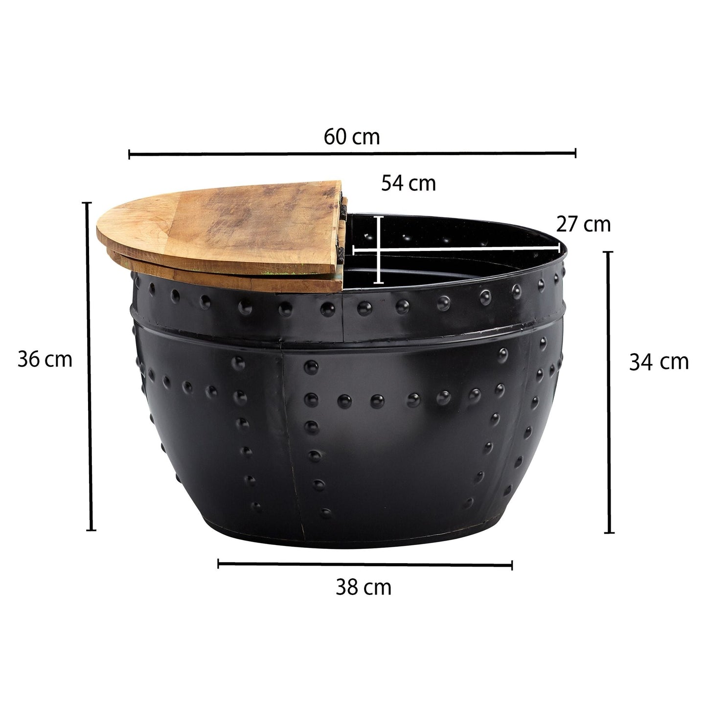 Nancy's Hettinger Salontafel - Koffietafel - Ronde Tafel - Bijzettafel - Opbergruimte - Massief Mangohout - Gerecycled Hout - Zwart - 60 x 60 x 36 cm