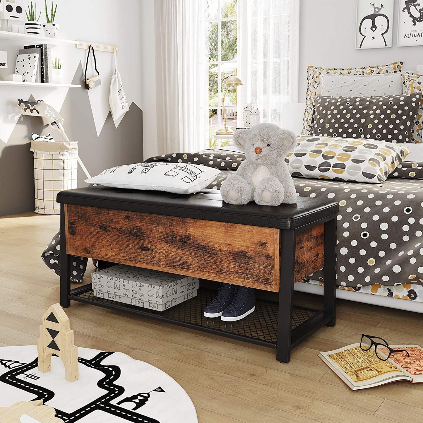 Nancy's Wenatchee Hocker - Schoenenbank - Hockers - Bedkast - Kunstleer en Hout - 100 x 40 x 47 cm (L x B x H)