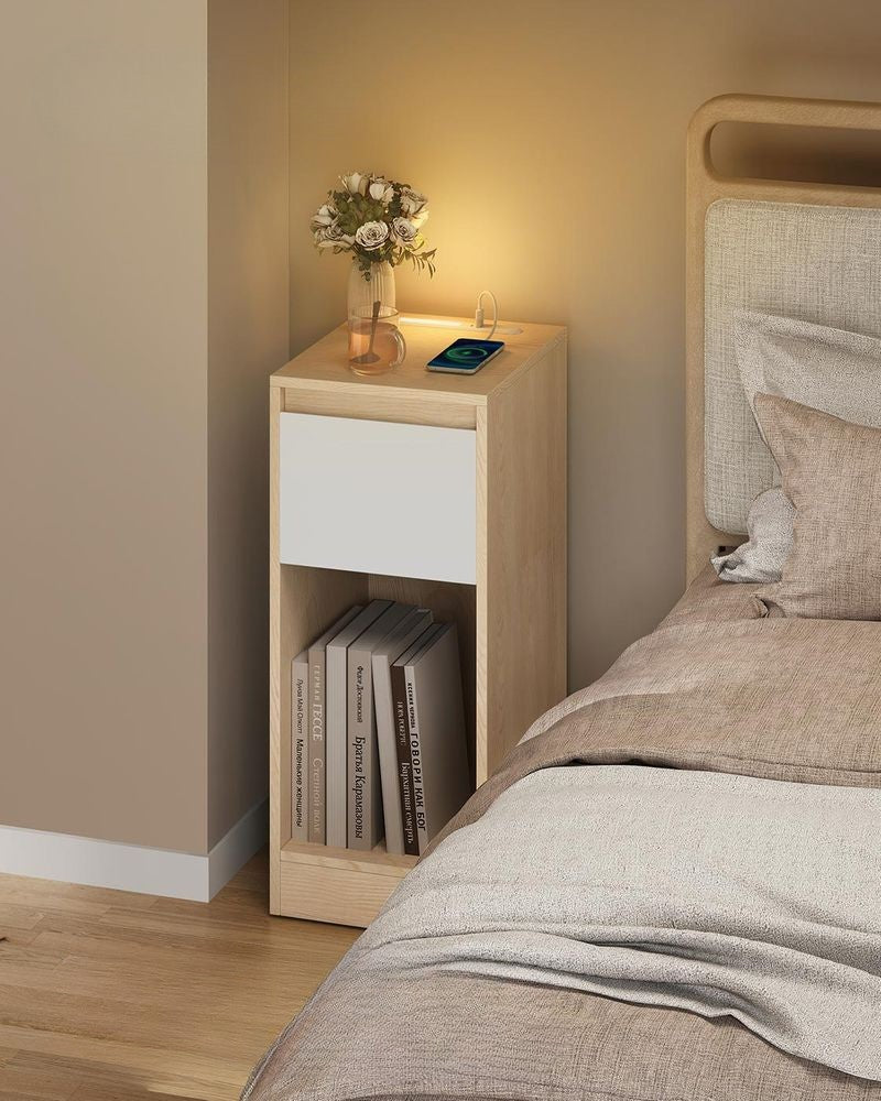 Nancy's Mincio Nachtkastjes - Set van 2 - LED-verlichting - Opladen en Opbergen - Beige/Wit - ± 25 x 30 x 60 cm