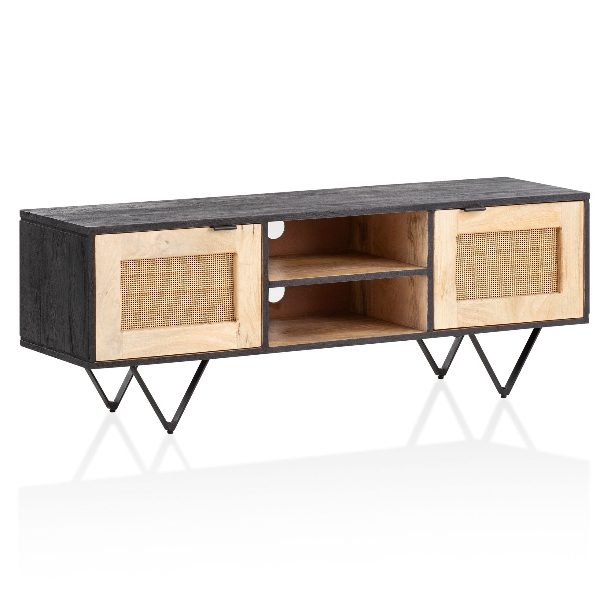 Nancy's Pias TV Furniture - TV Cabinet - Lowboard - Black / Brown - Mango wood / Wicker wickerwork - ± 120 x 35 x 45 cm