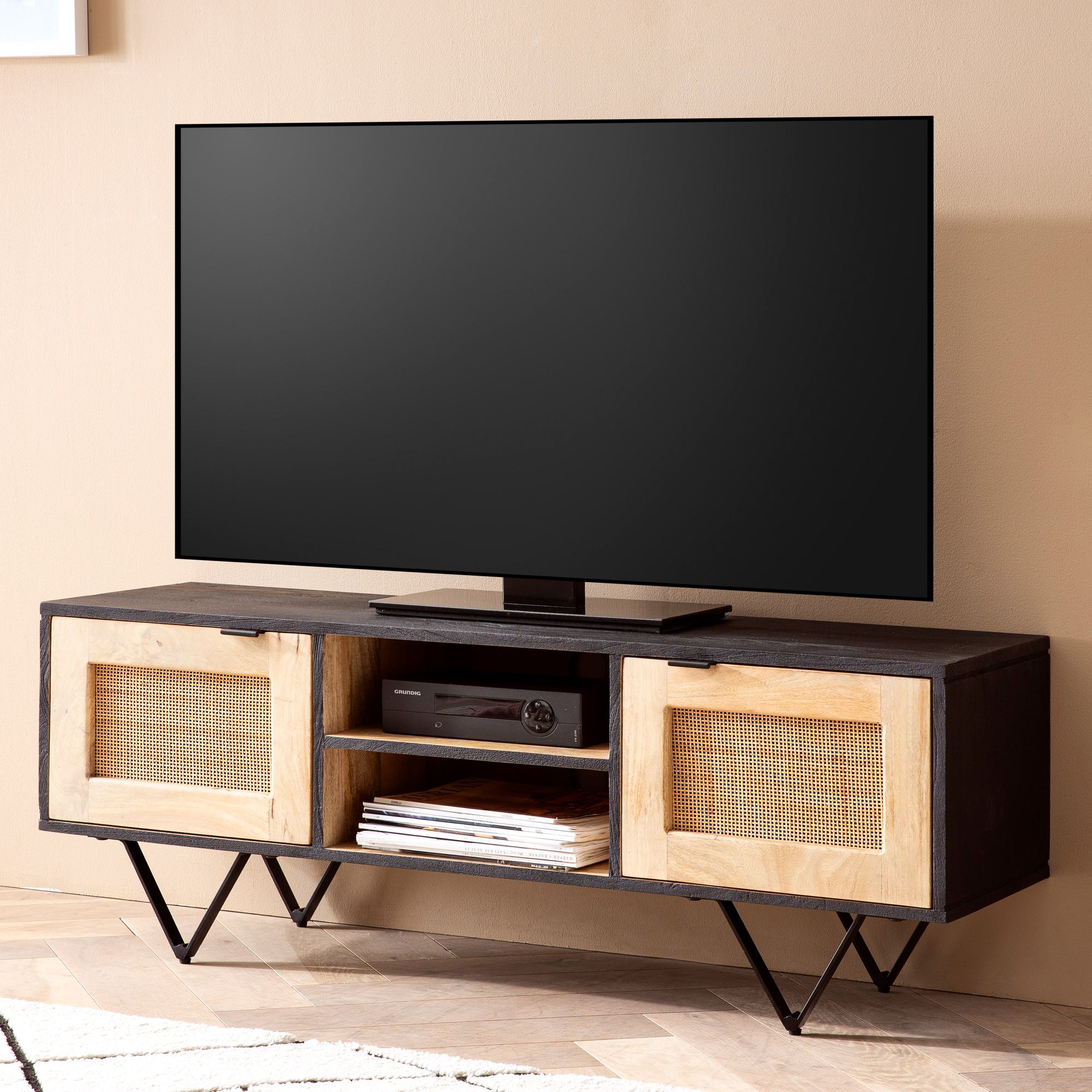Nancy's Pias TV Furniture - TV Cabinet - Lowboard - Black / Brown - Mango wood / Wicker wickerwork - ± 120 x 35 x 45 cm