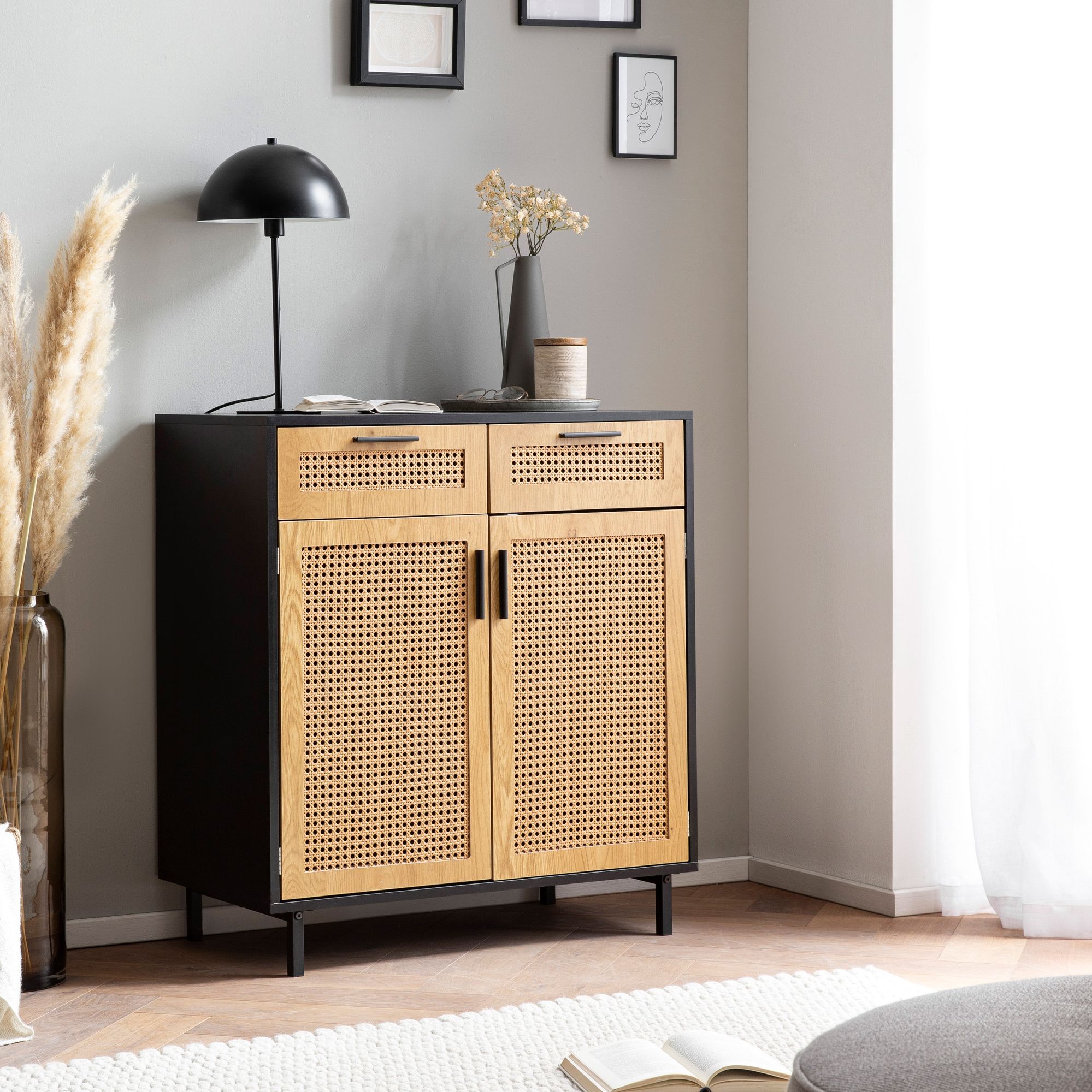 Nancy's Ribalonga Chest of Drawers - Dresser - Sideboard - Storage Cabinet - Black / Brown - Rattan - ± 80 x 40 x 85 cm