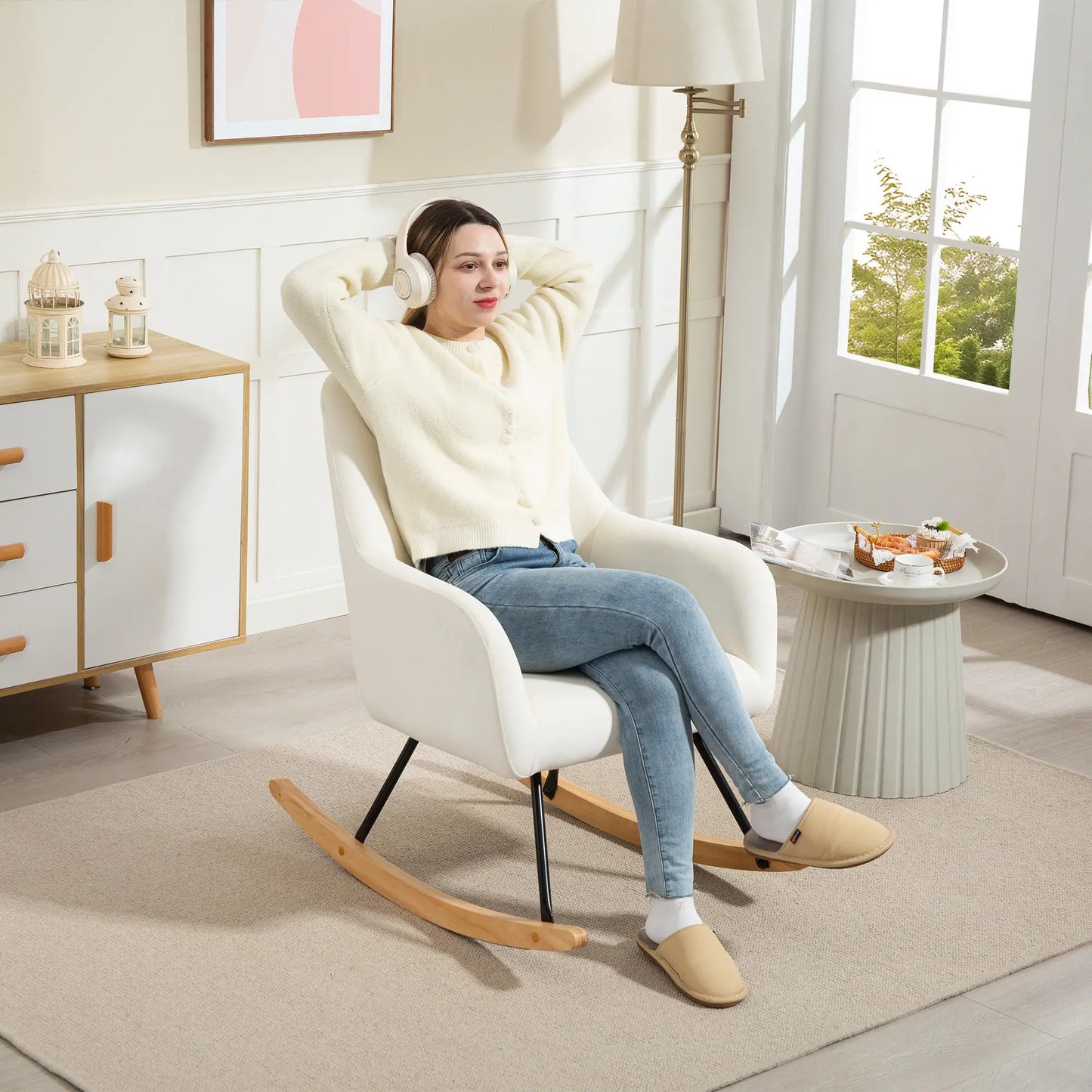 Nancy's Galatina Schommelstoel - Loungestoel - Relaxstoel - Roomwit - Fluweel