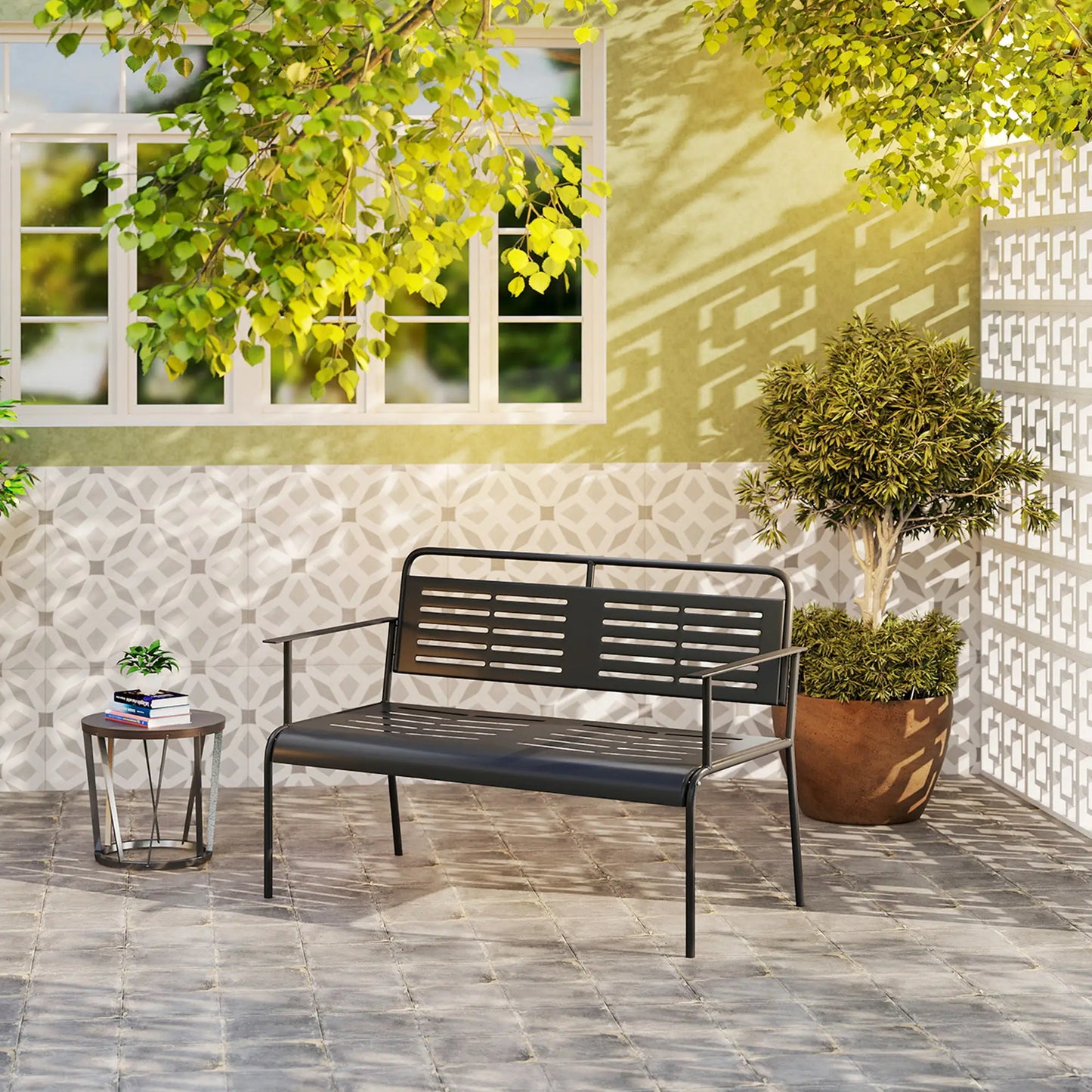 Nancy's Follo Tuinbank - Parkbank - Balkonbank - Zwart - Staal - ± 120 x 65 x 85 cm