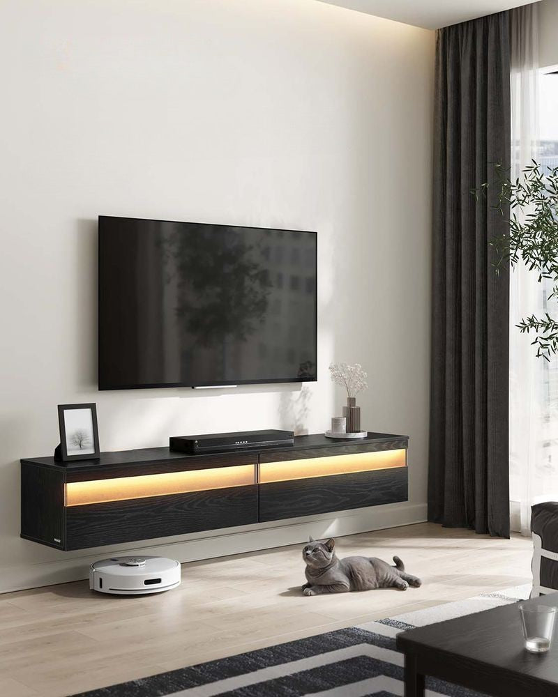 Nancy's Grottaminarda TV Meubel - TV Kast - Zwevend - Met Verlichting - Zwart -± 180 x 35 x 30 cm