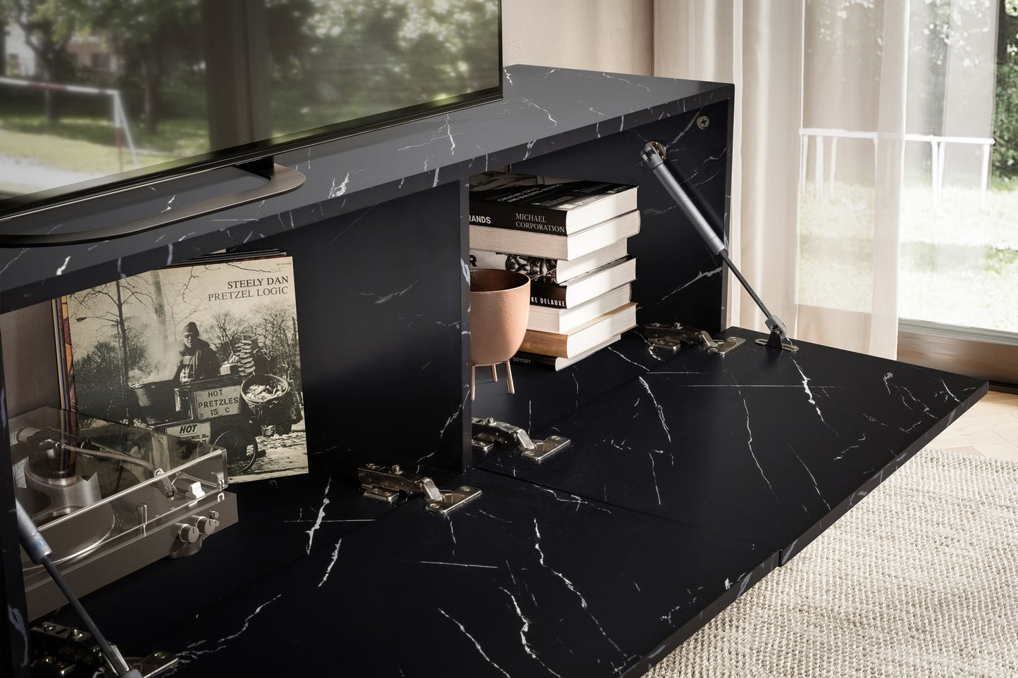 Nancy's Monguzzo TV Meubel - TV Kast - Lowboard - Zwevend - Zwart - Marmerlook - 160 x 30 x 30 cm