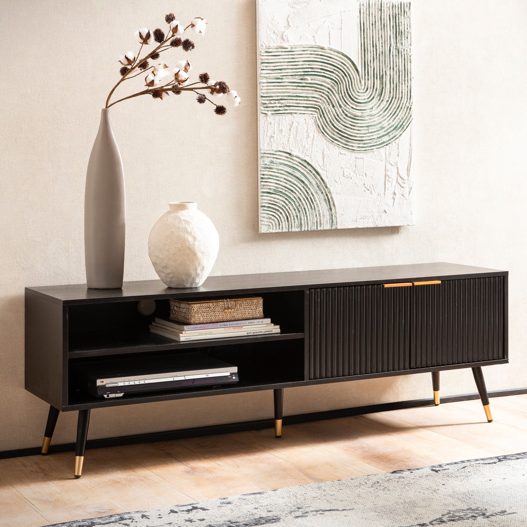 Meuble TV Nancy's Sanfins - Meuble TV - Lowboard - Noir / Or - Aspect chêne / Acier - ± 150 x 40 x 50 cm