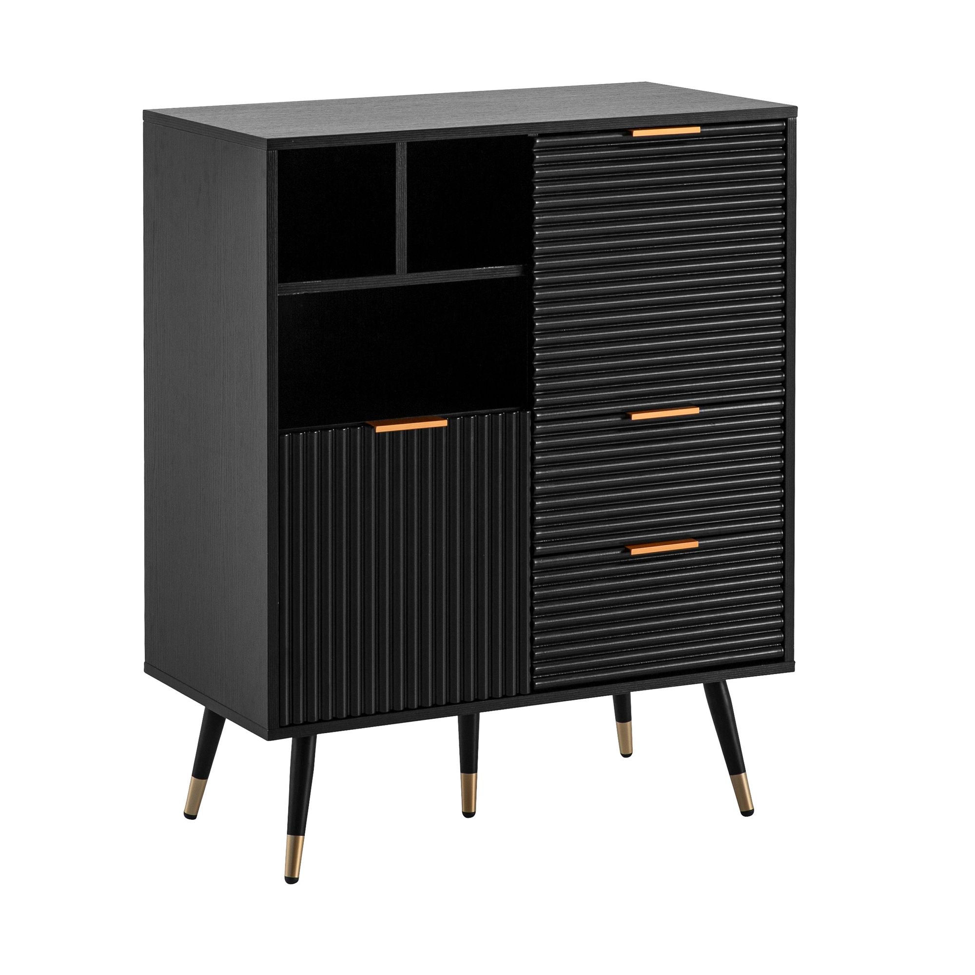 Nancy's Pinhao Chest of Drawers - Dresser - Chest of Drawers - Black / Gold - Oak look / Steel - ± 80 x 40 x 100 cm