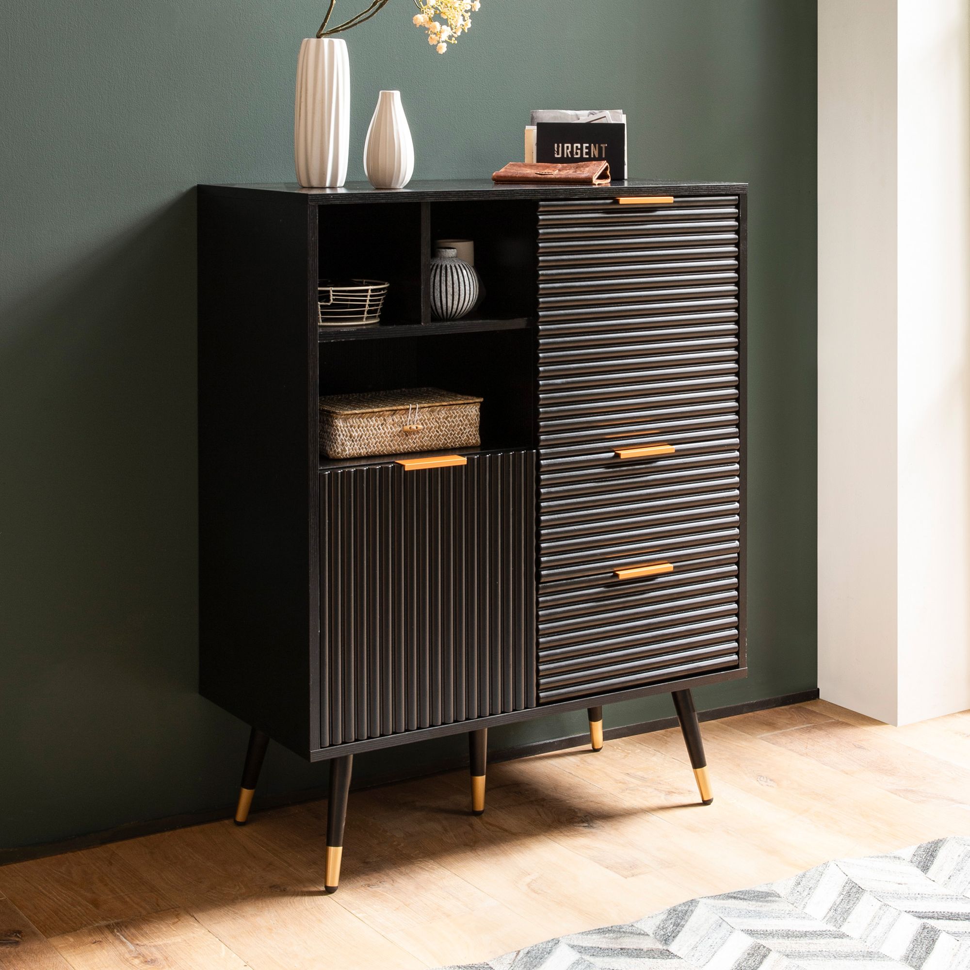 Nancy's Pinhao Chest of Drawers - Dresser - Chest of Drawers - Black / Gold - Oak look / Steel - ± 80 x 40 x 100 cm