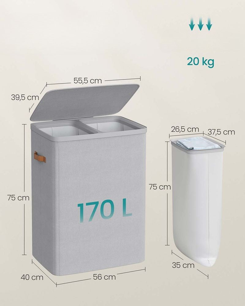 Nancy's Grignasco Wasmand - Wasbox - Wassorteerder - 2 Vakken - Grijs - 170 Liter