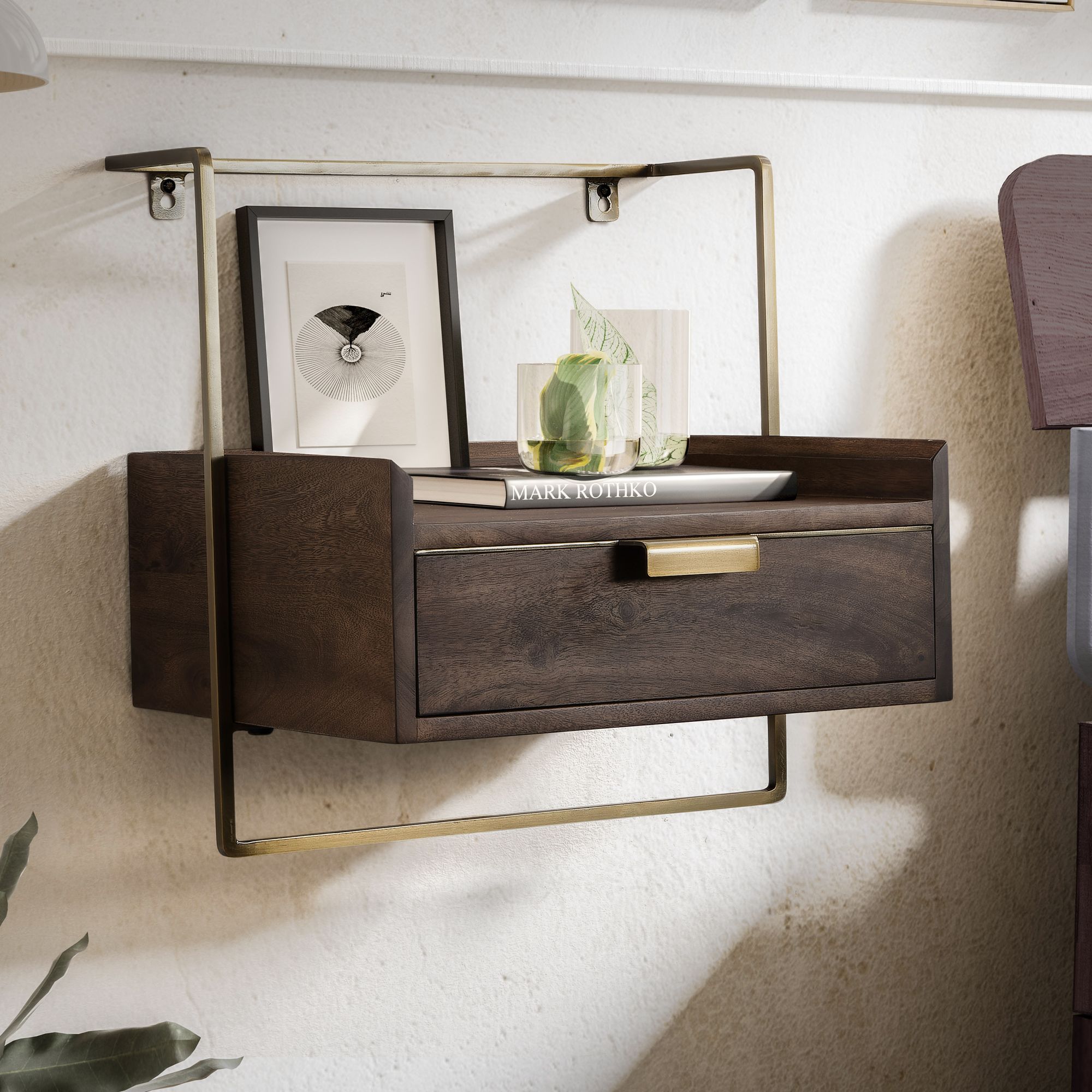 Nancy's Bovolenta Bedside Table - Floating Drawer - Dark Brown / Gold - ± 40 x 10 x 30 cm