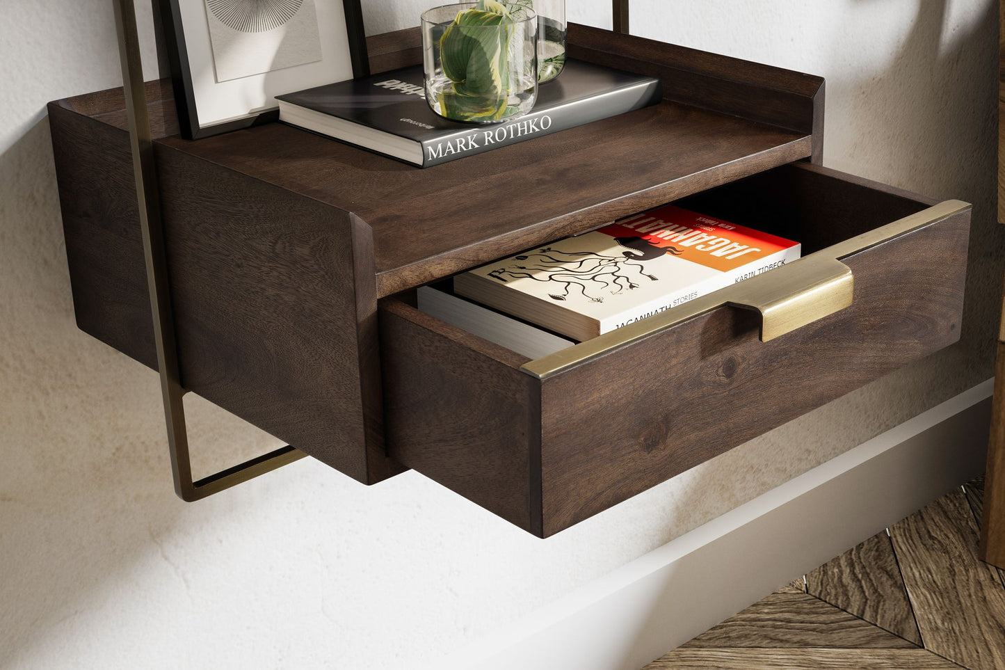 Nancy's Bovolenta Nachtkastje - Zwevende Lade - Donkerbruin / Goud - ± 40 x 10 x 30 cm