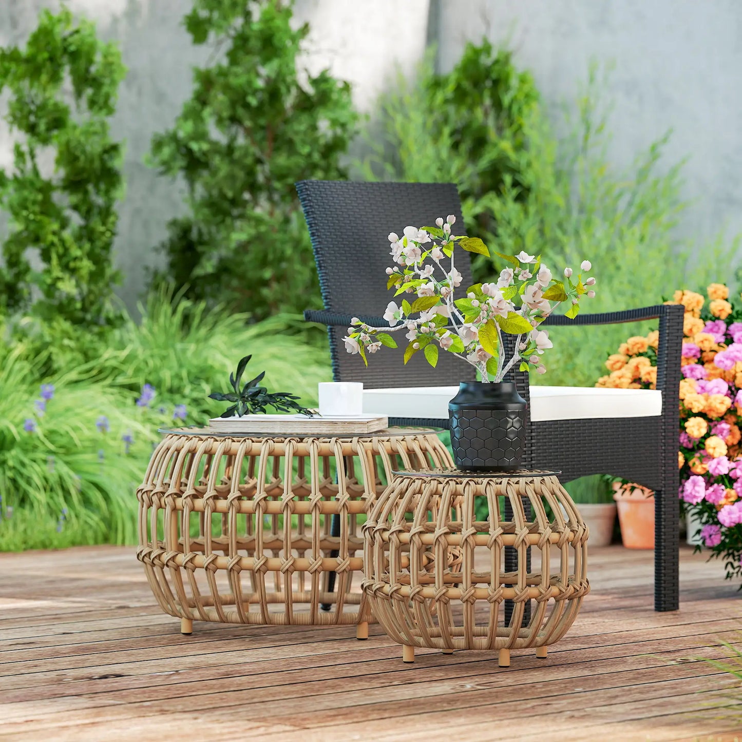 Nancy's Gardolo Balkontafels - Bijzettafels voor Buiten - Tuintafels - Set van 2 - Bruin - Rotan
