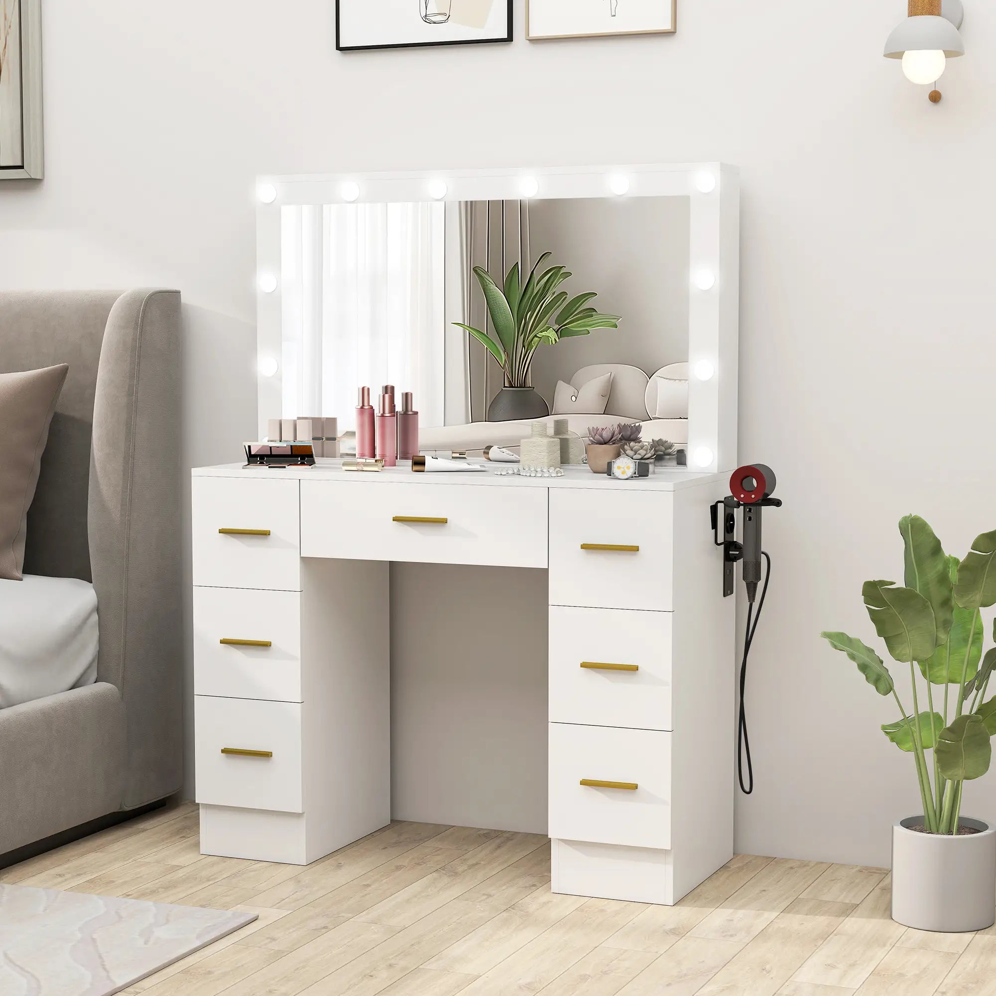 Nancy's Mangone Make Up Tafel - Kaptafel - Make-Up tafel met spiegel en verlichting - LED - Wit - ± 100 x 40 x 135 cm