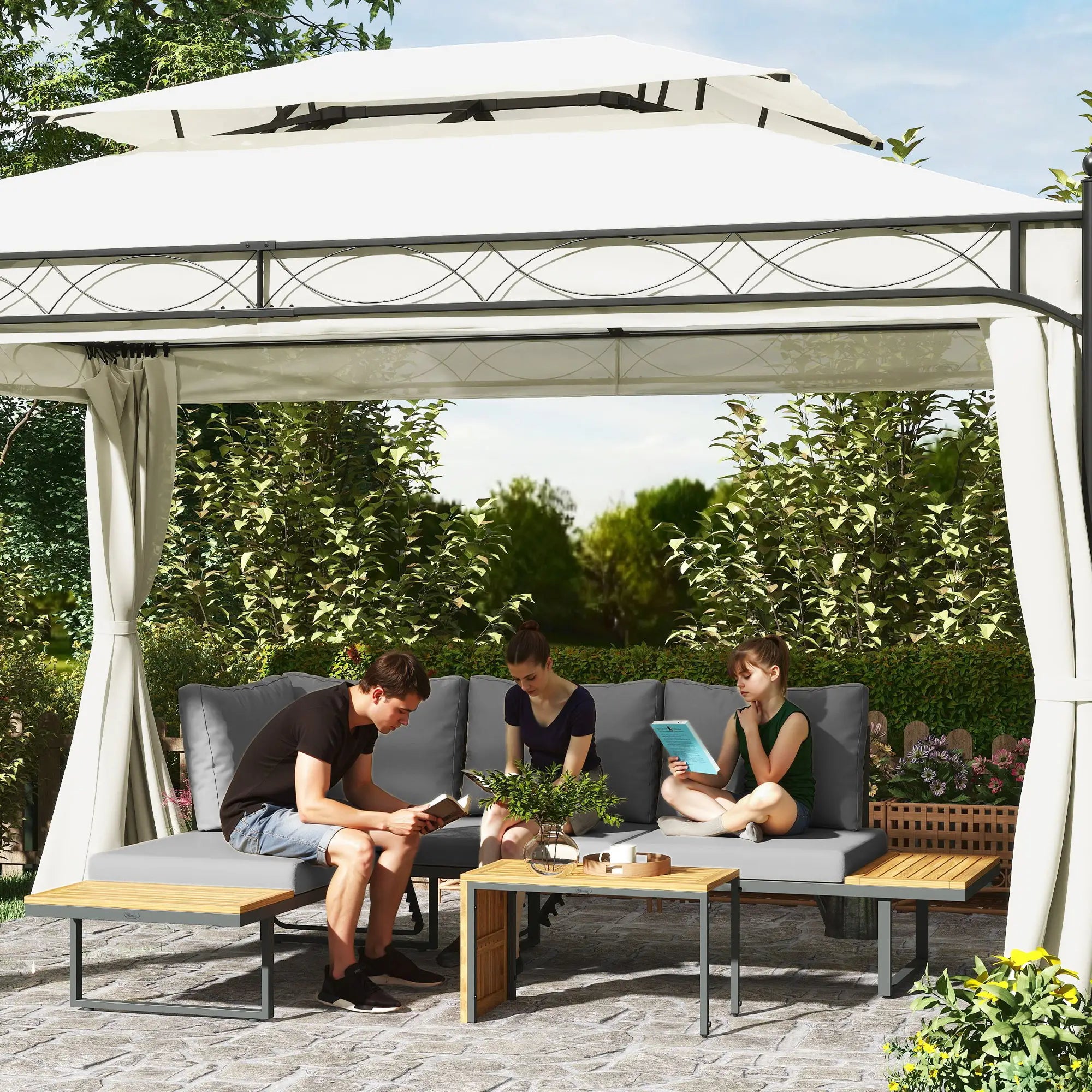 Nancy's Gazzaniga Loungeset - Loungebank - Tuinbank - Met Tafel - Lichtgrijs - Acaciahout