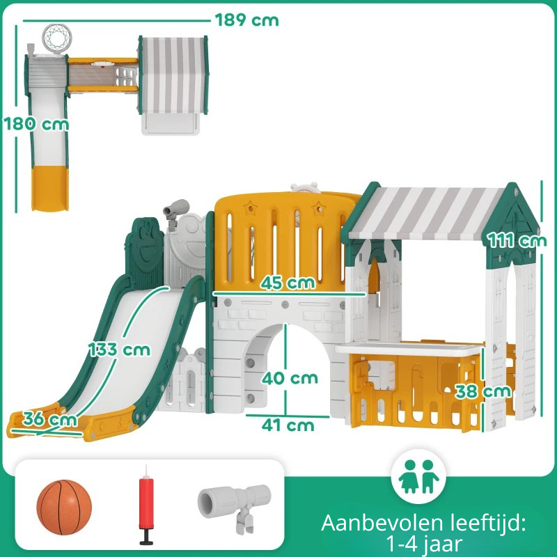 Nancy's Ortisei 7-in-1 Klimspeelgoed - Kinderspeeltuin - Babyglijbaan - Klimwand - Basketbalring - Geel / Groen