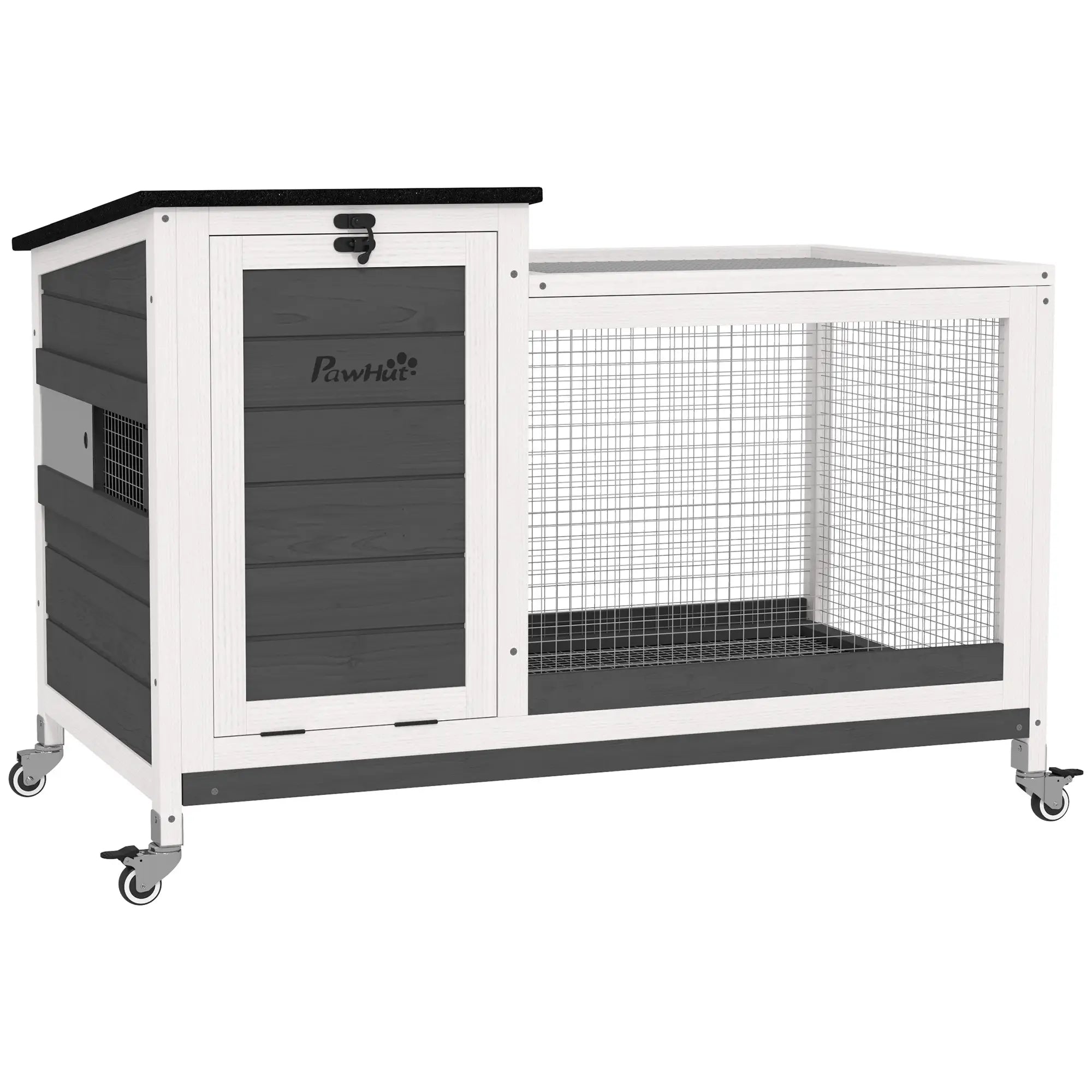 Nancy's Empoli Dierenverblijf - Konijnenhok - Grijs / Wit / Zwart - Dennenhout - ± 90 x 50 x 65 cm
