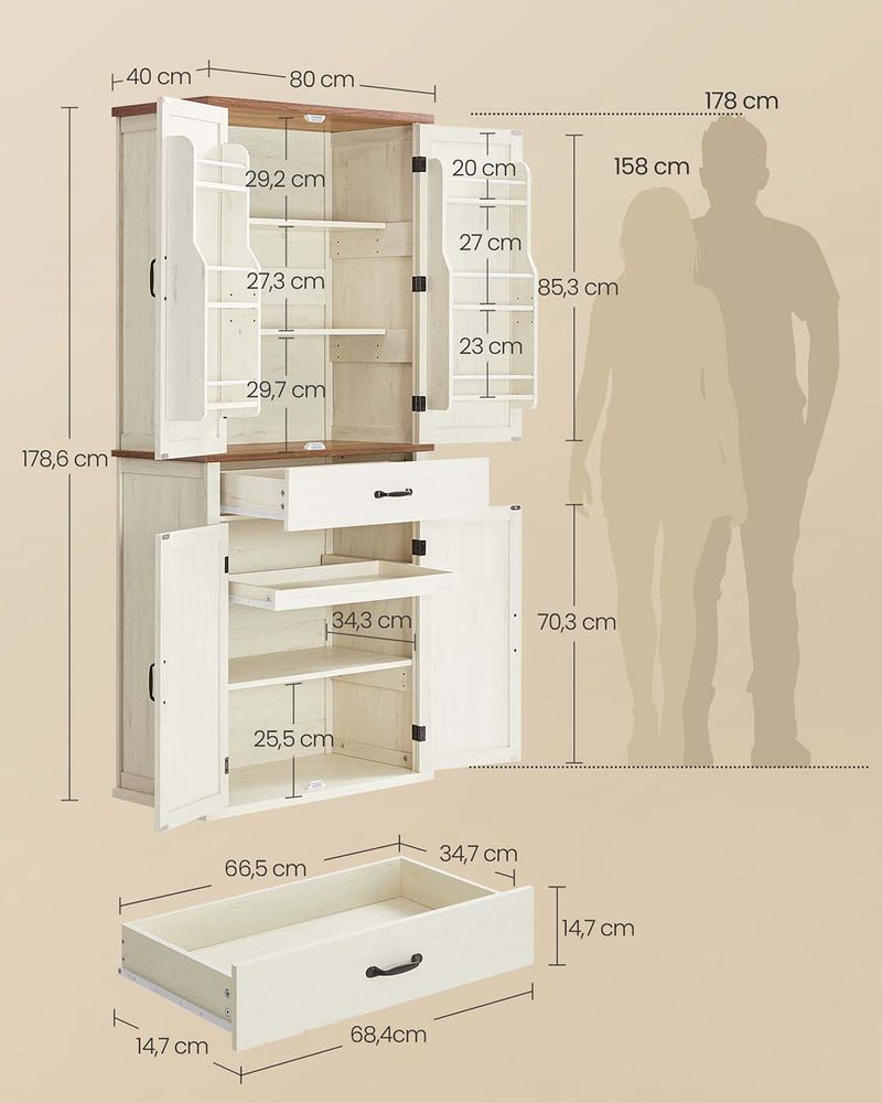 Nancy's Mezzenile Hoge Keukenkast- Voorraadkast - Opbergkat - Vintage Wit - ± 80 x 40 x 180 cm