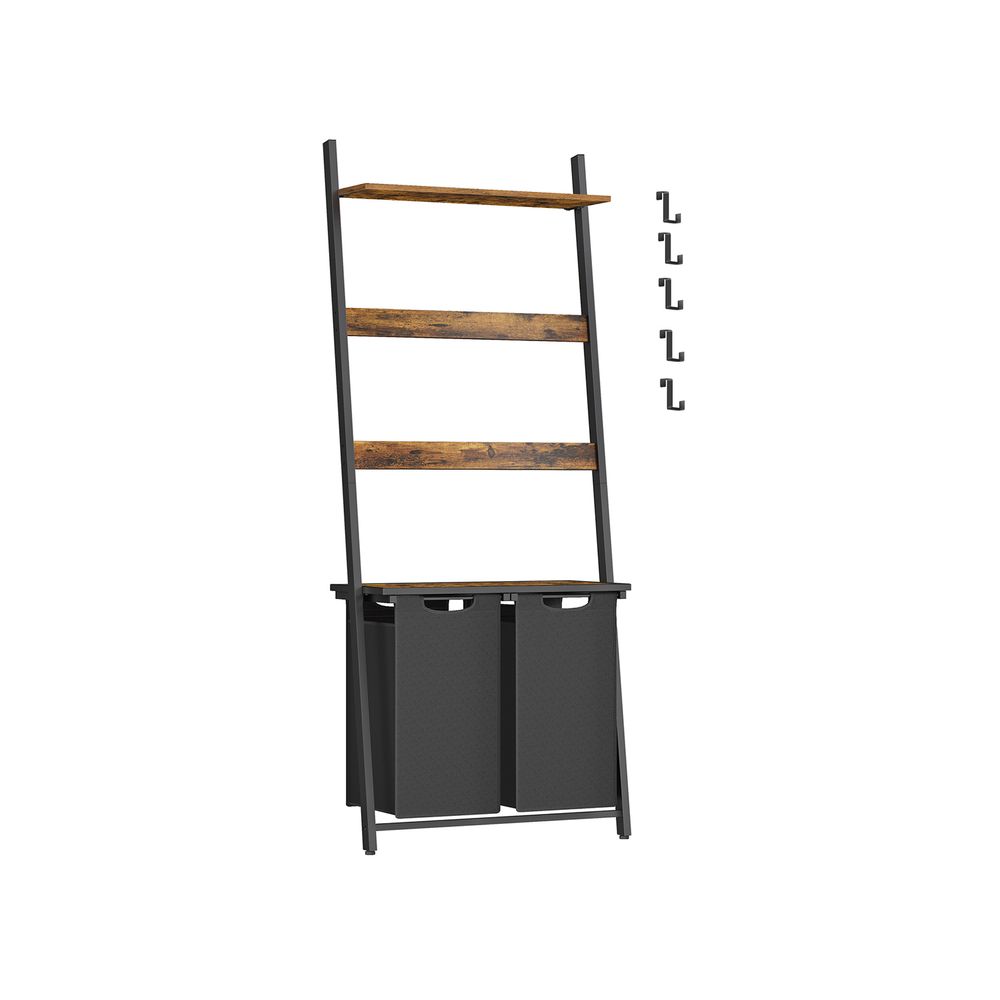 Nancy's Shanklin Wasmand Met Handoekladder - Handdoekrek - Wassorteerder 2 x 46 l- Zwart - Bruin - Vintage -  73 x 33 x 177 cm