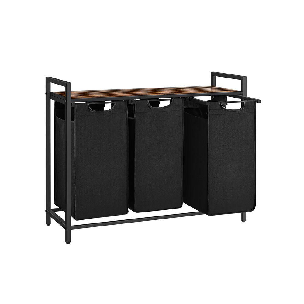Trieur de linge Nancy's Millom - Panier à linge avec 3 compartiments - Boîte à linge - Chariot à linge - Industriel - Noir Marron - 92,5 x 33 x 71 cm