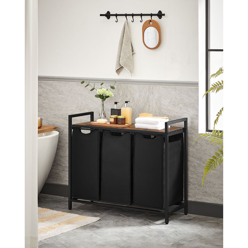 Trieur de linge Nancy's Millom - Panier à linge avec 3 compartiments - Boîte à linge - Chariot à linge - Industriel - Noir Marron - 92,5 x 33 x 71 cm