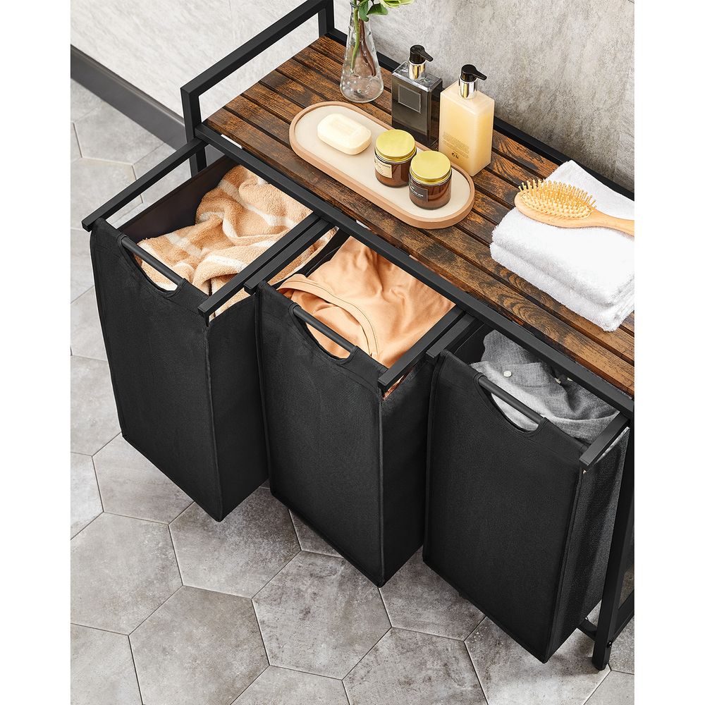 Nancy's Millom Wassorteerder - Wasmand met 3 vakken - Wasbox - Waswagen - Industrieel - Zwart Bruin - 92,5 x 33 x 71 cm
