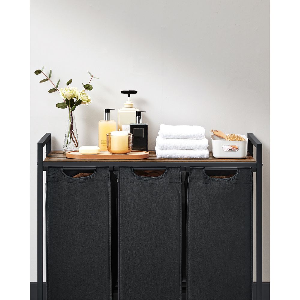 Nancy's Millom Wassorteerder - Wasmand met 3 vakken - Wasbox - Waswagen - Industrieel - Zwart Bruin - 92,5 x 33 x 71 cm