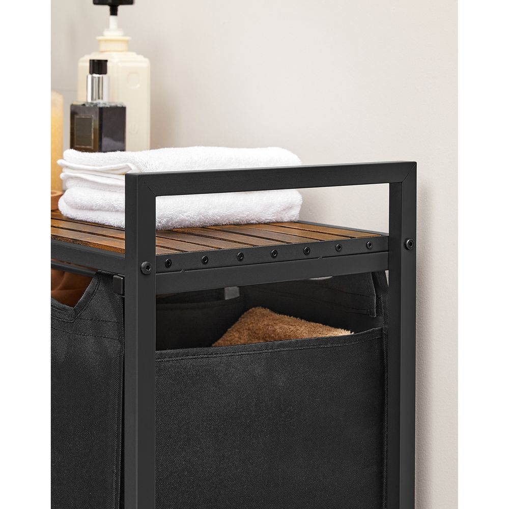 Nancy's Millom Wassorteerder - Wasmand met 3 vakken - Wasbox - Waswagen - Industrieel - Zwart Bruin - 92,5 x 33 x 71 cm