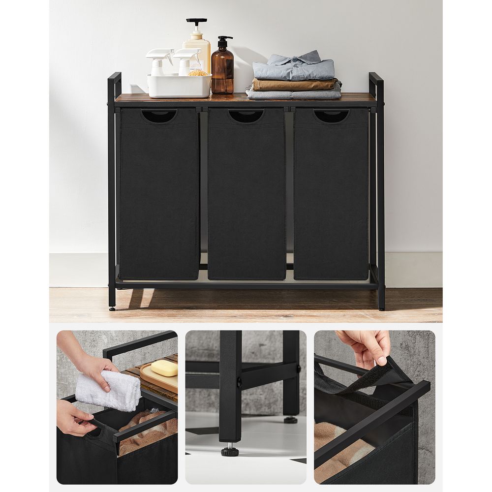 Nancy's Millom Wassorteerder - Wasmand met 3 vakken - Wasbox - Waswagen - Industrieel - Zwart Bruin - 92,5 x 33 x 71 cm