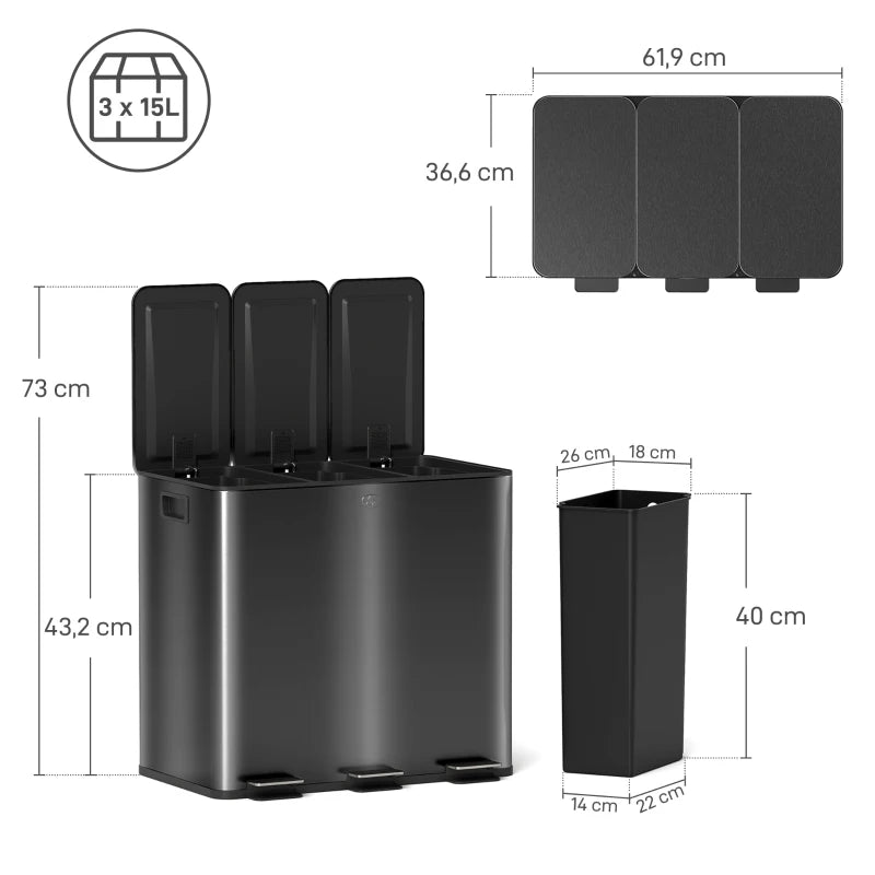 Nancy's Molfetta Afvalscheidingsprullenbak - Afvalbak - Prullenbak - Zwart - RVS - 3 x 15 Liter