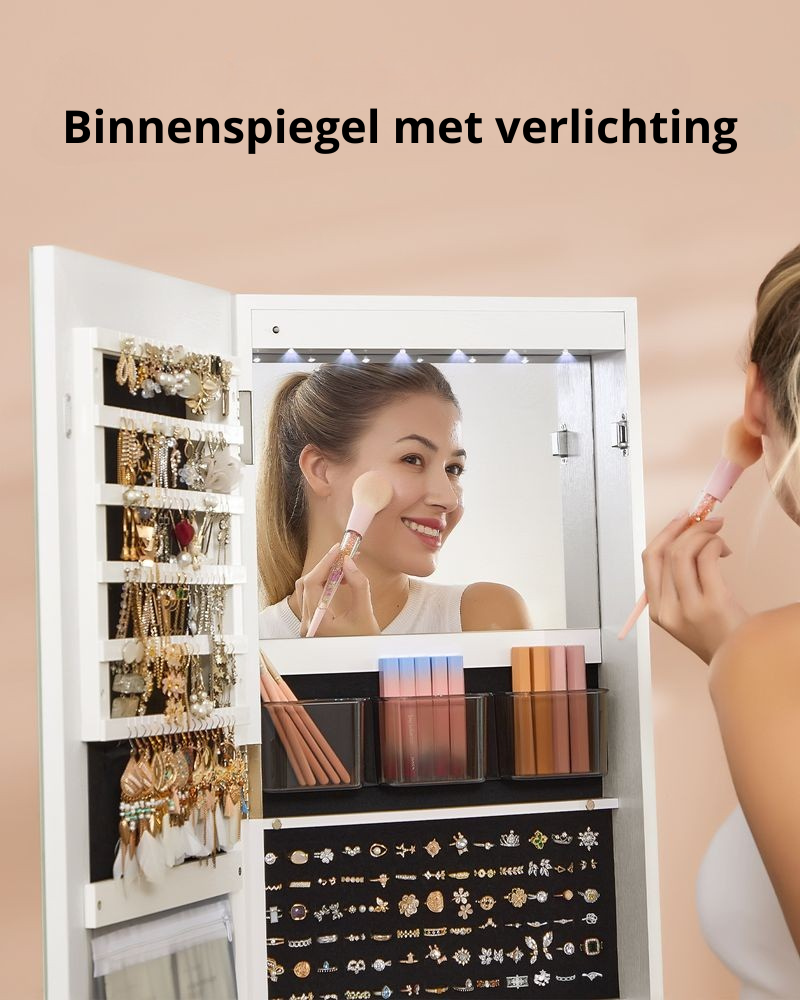 Nancy's Penacova Sieradenspiegel - Sieradenkast - Spiegelkast - Juwelenkast - Kledingspiegel - LED-Verlichting - Wit - ± 55 x 55 x 160 cm