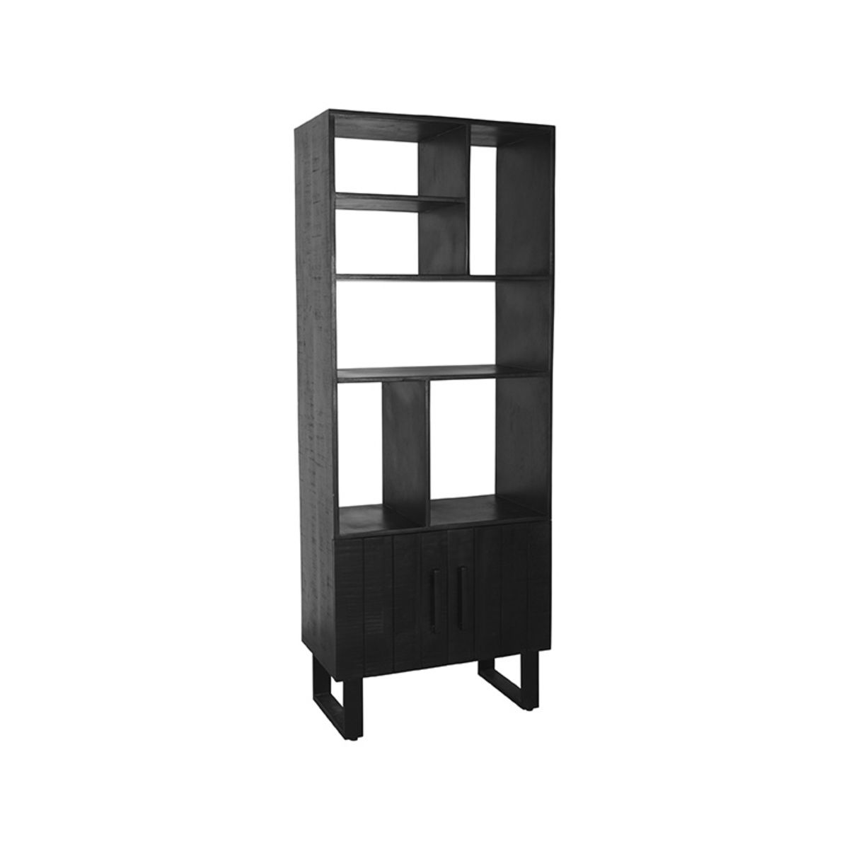 LABEL51 Santos Bookcase - Black Mango Wood-Metal - Handmade - Two doors - Dividers - Vertically Milled Grooves
