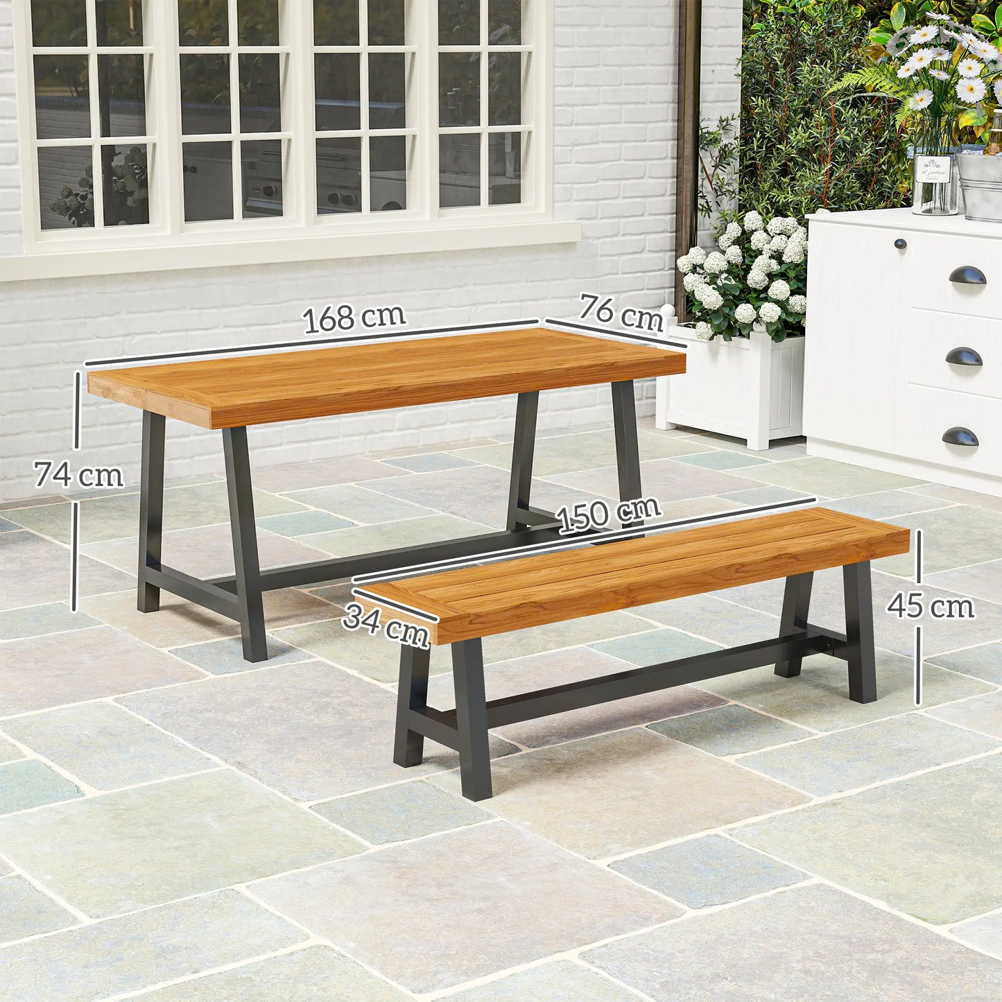Nancy's Galliera Picknicktafel - Tuinset - Teak / Zwart - Dennenhout / Staal