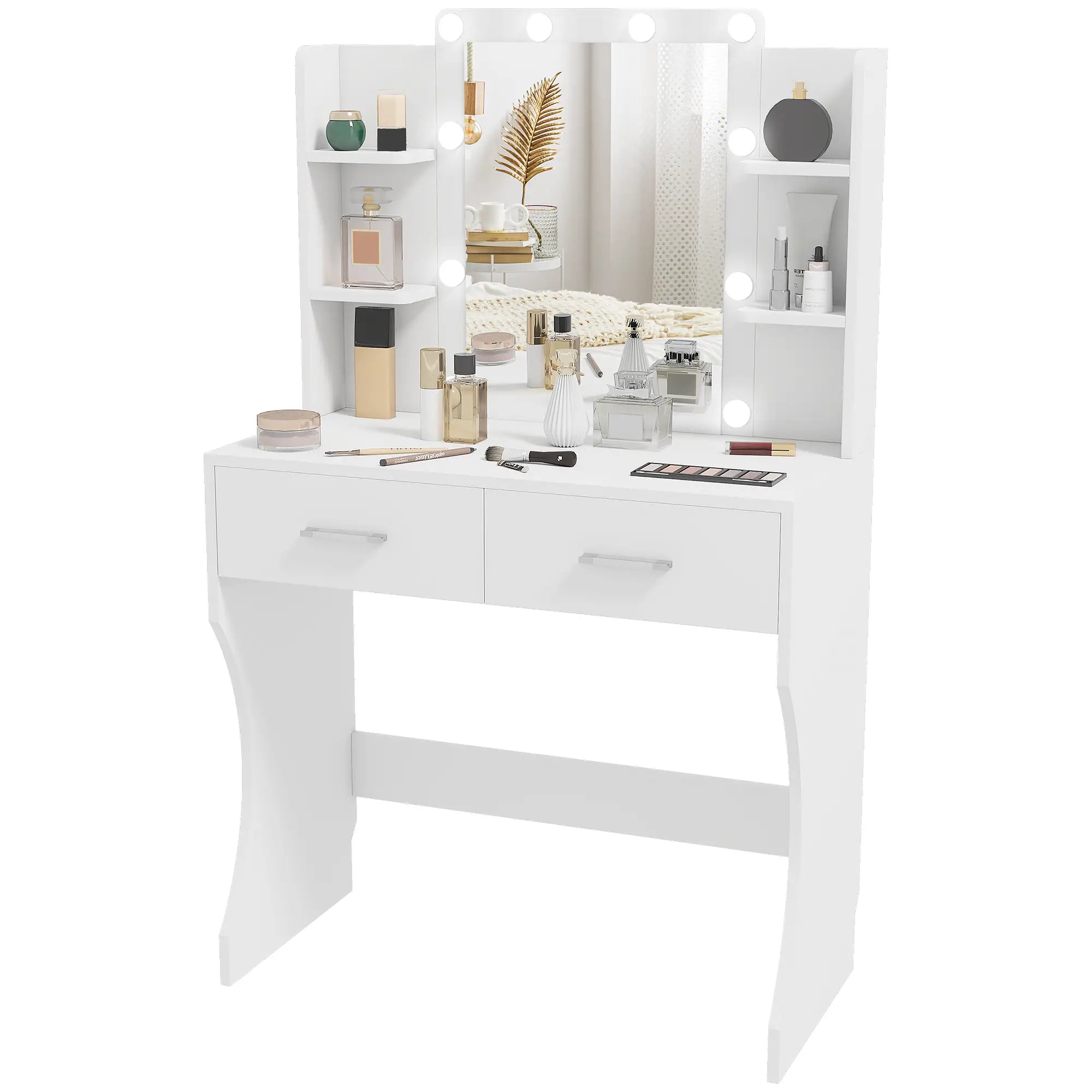 Nancy's Loiri Kaptafel - Make Up Tafel - Met Spiegel en Verlichting - Wit - ± 80 x 40 x 130 cm