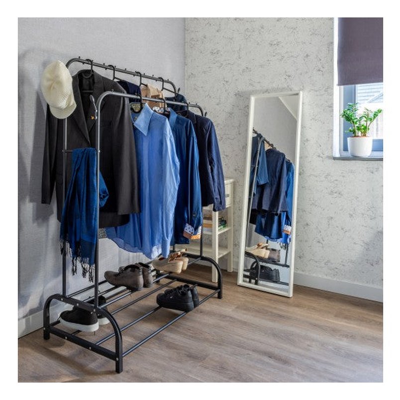 Eleganca Clothes rack with rods and hooks - Black - Steel - 2 Shoe shelves