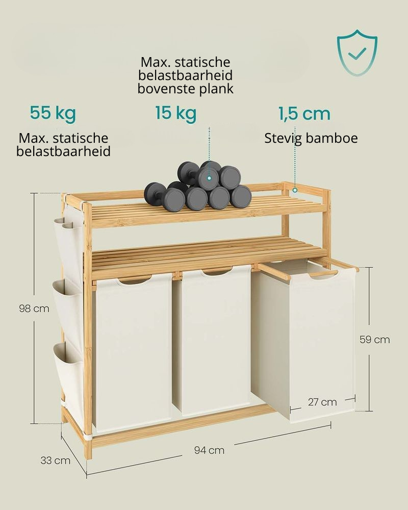 Nancy's Odolo Wasmand - Wassorteerder - Wasbox - 3 Vakken - Crèmewit - Bamboe - 150 Liter