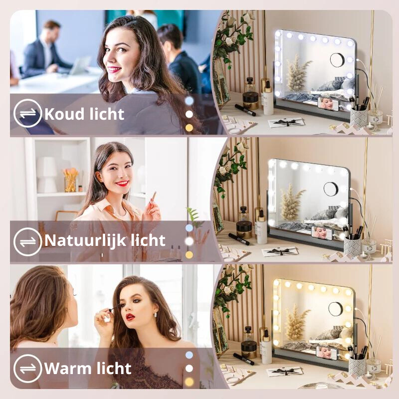 Nancy's Foladosa Make-up Spiegel - Beautyspiegel - Met LED Verlichting - Draaibaar - 10x Vergroting - Zwart - ± 60 x 50 cm