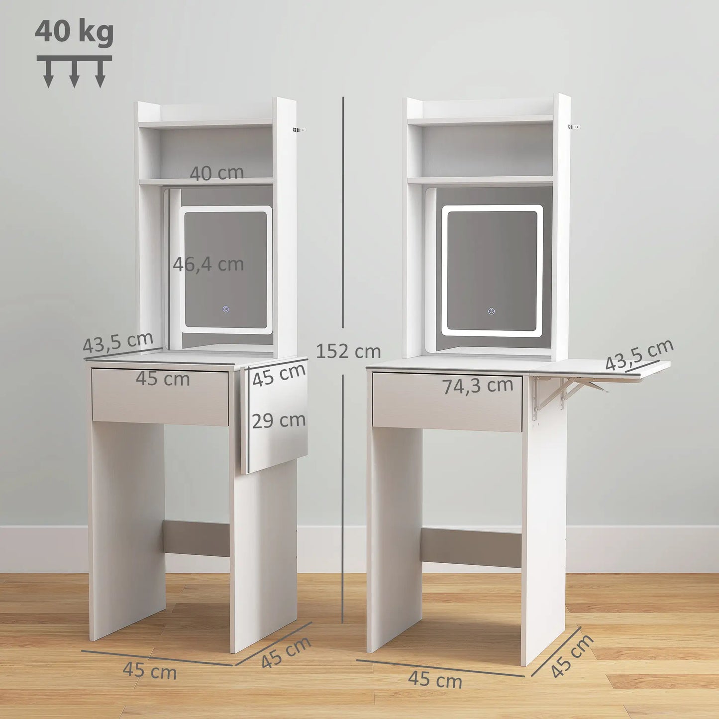 Nancy's Manfredonia Kaptafel - Make Up Tafel - Makeup tafel met verlichting - Wit - ± 45 x 45 x 150 cm