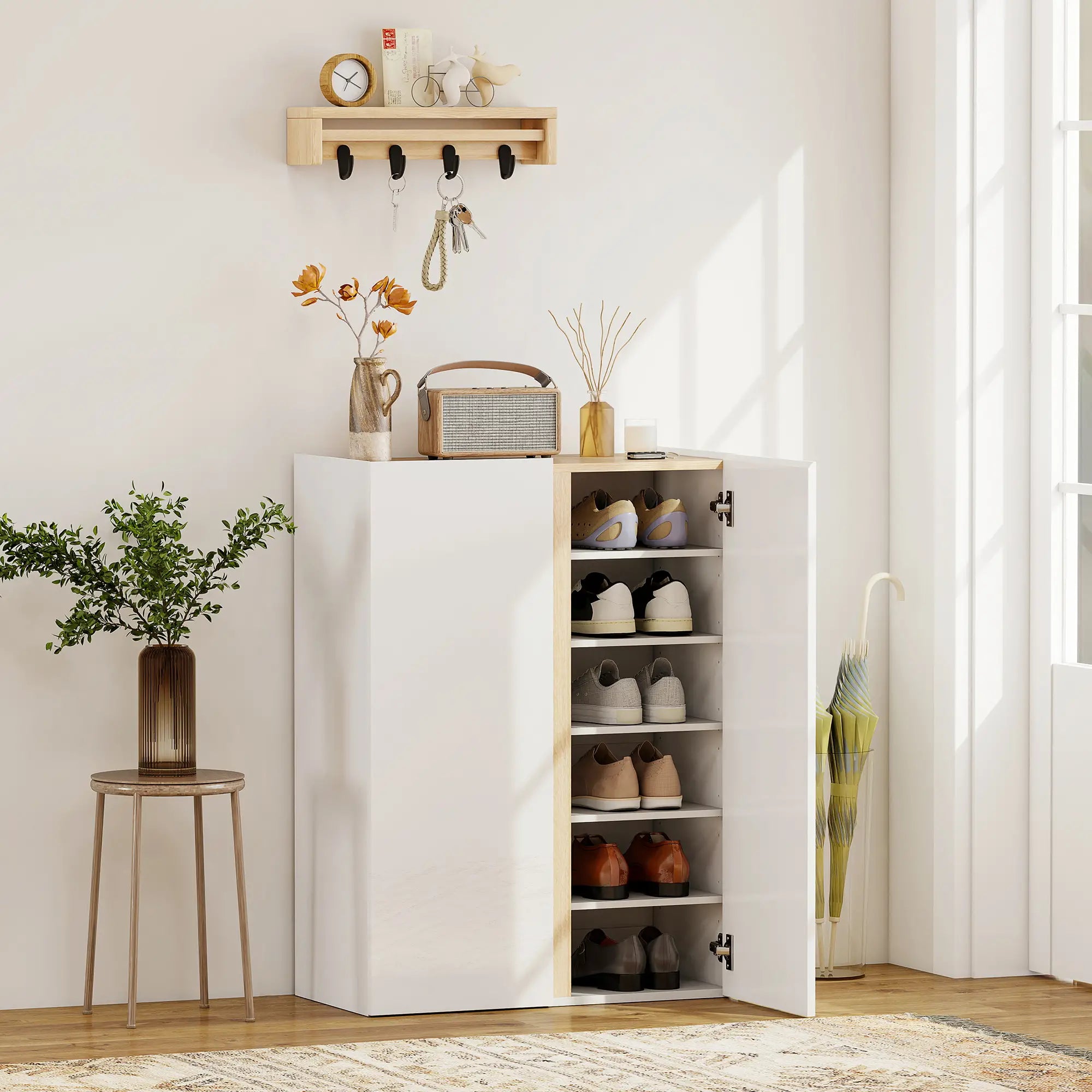 Nancy's Malegno Schoenenkast - Opbergkast voor schoenen - Schoenenrek - Wit / Hout - 70 x 35 x 95 cm