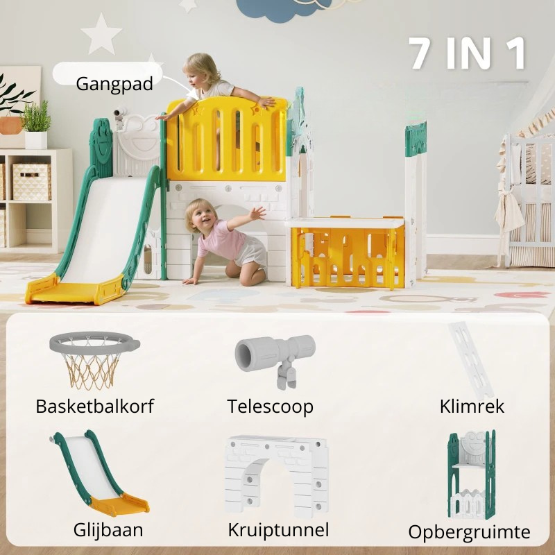 Nancy's Ortisei 7-in-1 Klimspeelgoed - Kinderspeeltuin - Babyglijbaan - Klimwand - Basketbalring - Geel / Groen